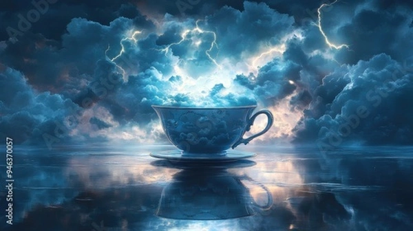 Fototapeta Teacup filled with swirling clouds and lightning, floating on a mirror-like sea.