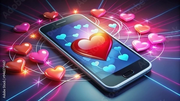 Obraz Vibrant digital hearts, arrows, and swooshes surround a smartphone with a stylized online dating app interface, symbolizing modern love and technology's role in relationships.