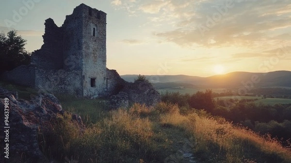 Fototapeta View of horror castle building on highland mountain peak background wallpaper AI generated image