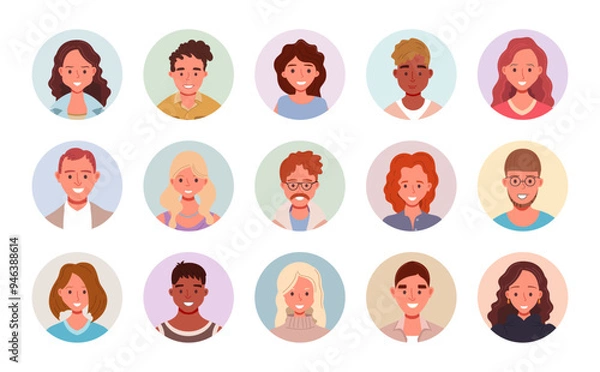 Fototapeta Diverse people avatars collection in circular icons. Multiethnic user portraits in vector illustration. Flat cartoon male and female faces.