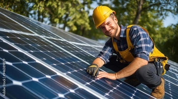 Fototapeta Renewable energy technician installing solar battery storage