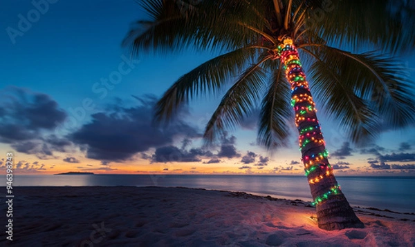 Fototapeta Palm tree decorated in colorful christmas lights on tropical beach at sunset with copy space
