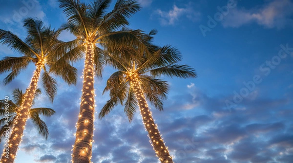 Fototapeta Low angle view of Palm trees wrapped in white Christmas lights agains sunset sky with room for text 