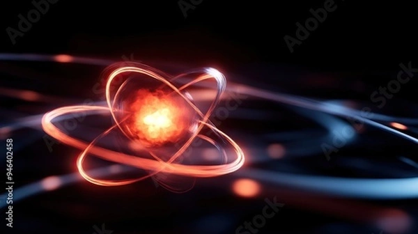 Fototapeta An abstract depiction of an atom with glowing electrons, symbolizing energy, matter, and scientific discovery in a modern design.
