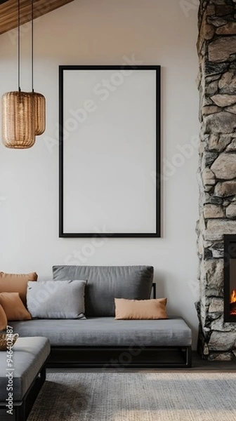 Fototapeta of a Mockup Frame in a Cozy Farmhouse Style Living Room Interior with a Stone Fireplace Sleek Black Steel Frame Modern Pendant Lighting and Minimalist Decor Elements  3D Render in a Warm