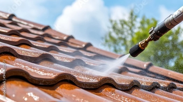 Fototapeta Close-up of a pressure washer cleaning red roof tiles, removing dirt and debris, emphasizing home maintenance and care.