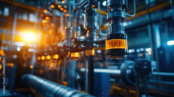 Obraz Close-up of industrial machinery with glowing light, showcasing advanced technology in a factory environment for production.