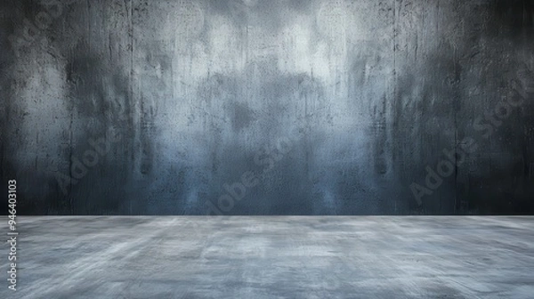 Fototapeta Dark, empty room with a textured grunge wall and a smooth concrete floor, suitable for background or product display.