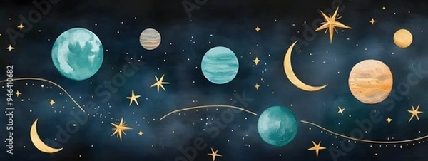 Fototapeta An elegant and detailed watercolor illustration of the planets, stars, and moon in a gold foil outline border around a blue-green agate gemstone with a shimmering, glittery golden background
