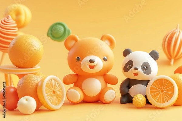 Obraz 3d Cute Bear and Various Fruits Background