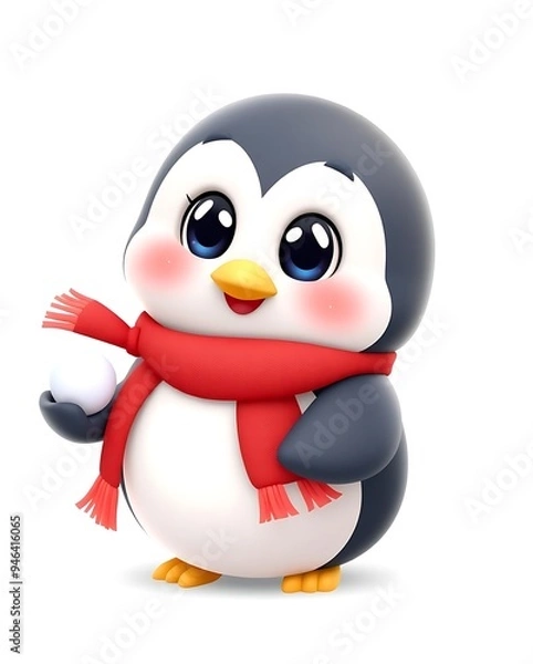 Fototapeta Cheerful 3D Cartoon Penguin with a Snowball