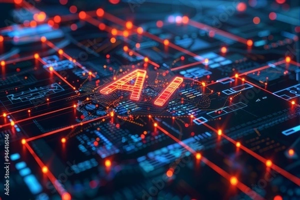 Fototapeta Digital illustration with the letters AI in the center of a glowing futuristic interface. Filled with abstract geometric patterns and light connections that symbolize advanced technology