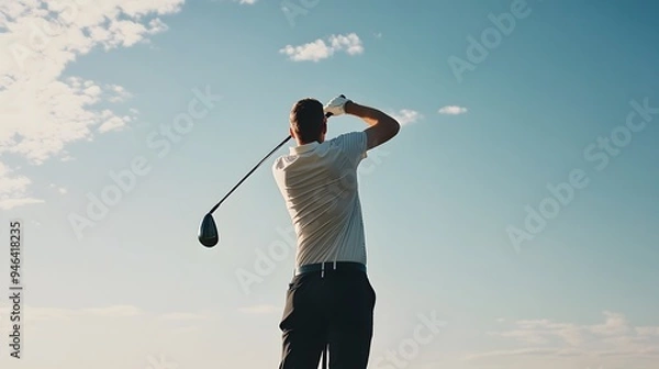 Fototapeta A male golfer swings his club in a sunny field, against a backdrop of a blue sky and white clouds.