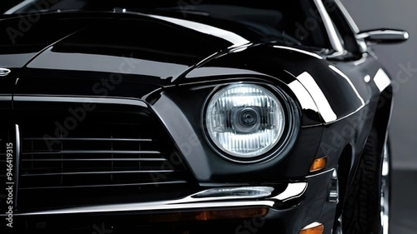 Obraz Close-Up of Sleek black shinny Car Headlights 