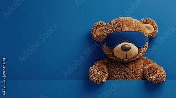 Obraz Teddy bear with a sleep mask, cozy bedroom scene, 3D illustration