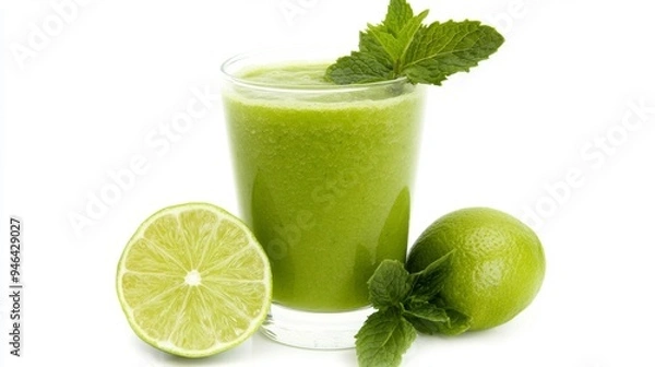 Fototapeta A green smoothie in a clear glass with fresh mint leaves and a slice of lime, set against a white background to highlight the drink's vibrant green color.