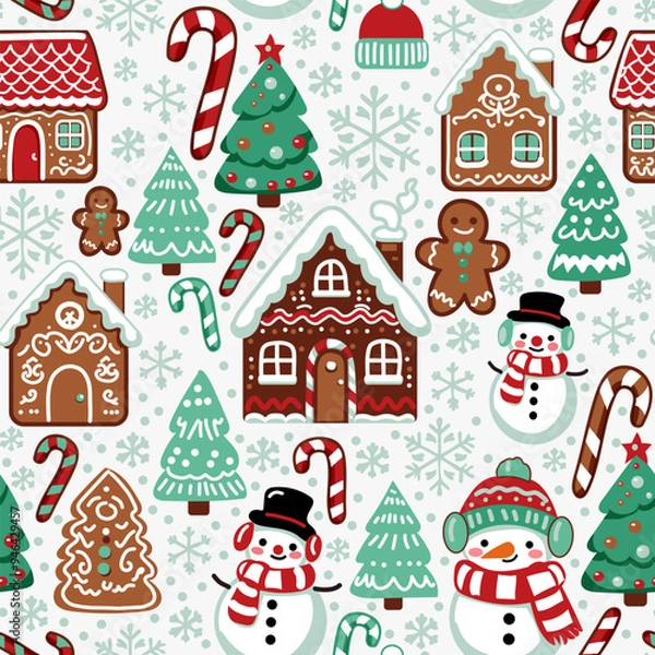 Fototapeta Christmas seamless pattern, wallpaper, background with snowman, Christmas tree, gingerbread house, snowflakes and candy cane. Winter wrapping paper, vector print