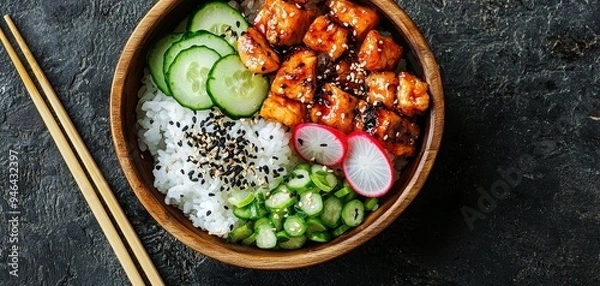 Obraz Teriyaki Chicken Poke Bowl Overhead View of a Vibrant and Delicious AsianInspired Dish in a Rustic Wooden Bowl with Chopsticks