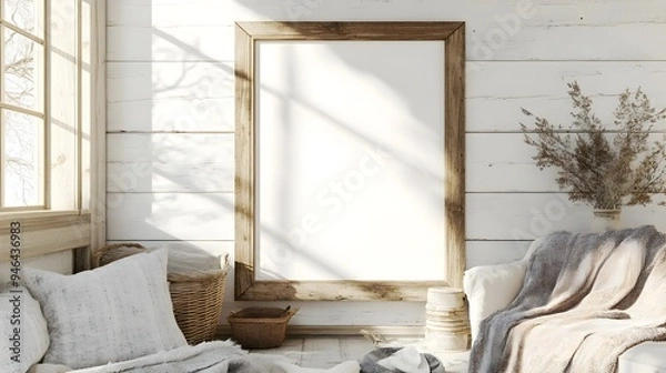 Fototapeta Rustic Farmhouse Style Living Space with Wooden Frame Mockup Natural Light Whitewashed Wood Paneling and Vintage Accents for a Cozy Inviting Atmosphere