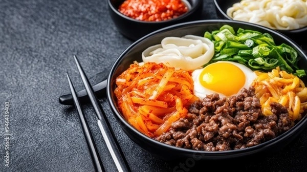Fototapeta A vibrant bowl of Korean bibimbap featuring vegetables, meat, and a perfectly cooked egg, served with fresh sides.