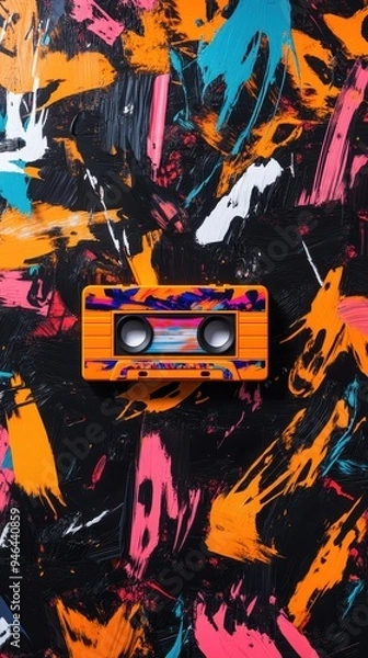Fototapeta A classic cassette tape is centered against a colorful, abstract backdrop filled with striking brush strokes and vivid hues