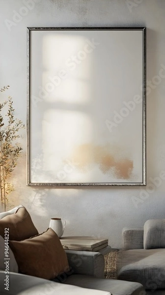 Fototapeta Stylized 3D Mockup Frame in Rustic Farmhouse Living Room with Abstract Brushstrokes and Warm Cinematic Glow  Digital Render of Contemporary Farmhouse Decor for Home Interior Design