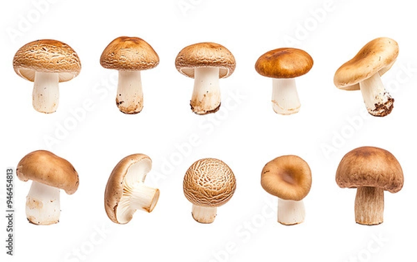 Fototapeta Variety of fresh mushrooms displayed in different angles, showcasing their unique shapes and earthy colors for culinary use.