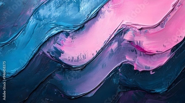 Fototapeta A close-up of an abstract painting with wavy lines in pastel blue, pink, and purple colors. The background is dark grey. In the style of impasto oil paint brush strokes.