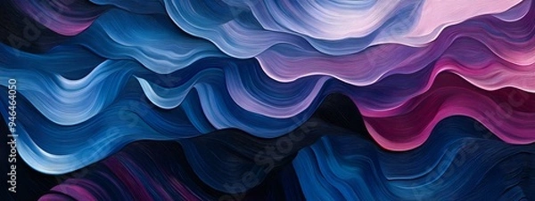 Fototapeta A close-up of an abstract painting with wavy lines in pastel blue, pink, and purple colors. The background is dark grey. In the style of impasto oil paint brush strokes.