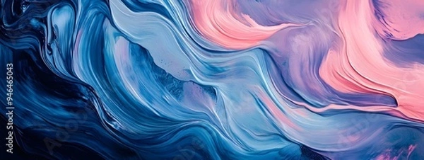 Fototapeta A close-up of an abstract painting with wavy lines in pastel blue, pink, and purple colors. The background is dark grey. In the style of impasto oil paint brush strokes.