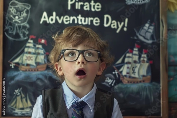 Fototapeta Little boy with glasses, tie, and a look of wonder, standing before a chalkboard that says Pirate Adventure Day!