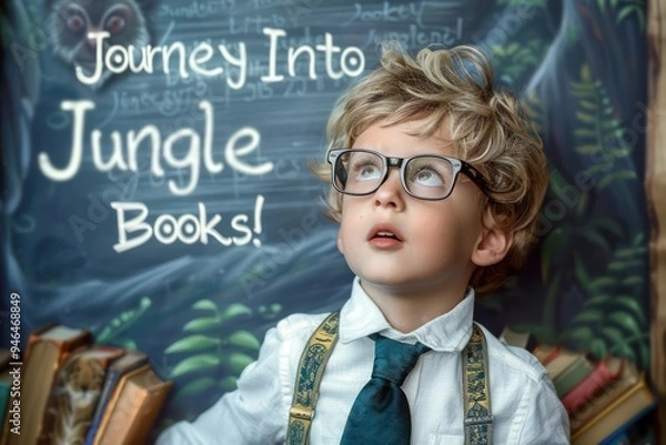 Fototapeta Little boy with glasses, tie, and a look of wonder, standing before a chalkboard that says Journey Into Jungle Books!