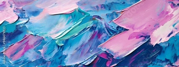 Fototapeta A close-up of an abstract painting with wavy lines in pastel blue, pink, and purple colors. The background is dark grey. In the style of impasto oil paint brush strokes.