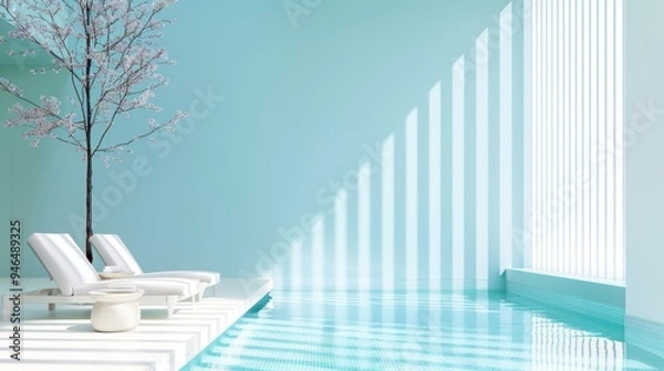 Fototapeta A modern spa decorated in soft blue shades, featuring minimalistic furnishings and ample copy space for personalized messages.
