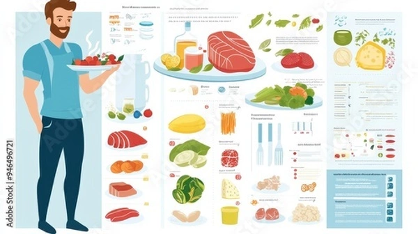 Fototapeta Nutritional guide infographic showcasing healthy foods with a smiling man holding a plate of fresh fruits in style