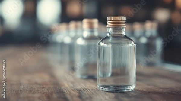 Fototapeta A row of small clear glass bottles with light wooden tops resting on a wooden surface, perfectly aligned and capturing the essence of simplicity and organization.