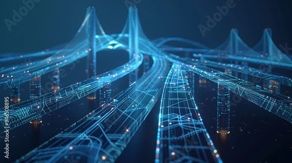 Fototapeta A futuristic digital representation of interconnected roads and bridges.