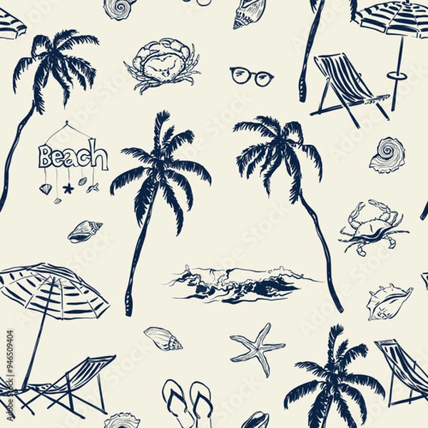 Fototapeta Vector beach accessories seamless pattern. Hand painted elements-palm, wave, shell, starfish, crab, umbrella and sunglasses isolated on beige background. For design, print, interior or background.