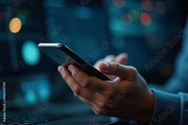 Fototapeta Software engineer offering tech support via laptop, aiding customers with digital systems, IT services, and global networks—showcasing customer service in the internet technology field.