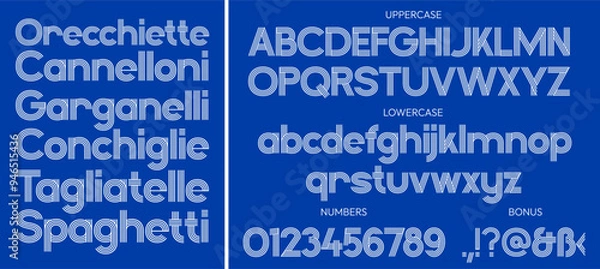Fototapeta An alphabet of parallel lines. High-quality typographic font in upper and lower case, with numbers. Suitable for advertising spaghetti, pasta