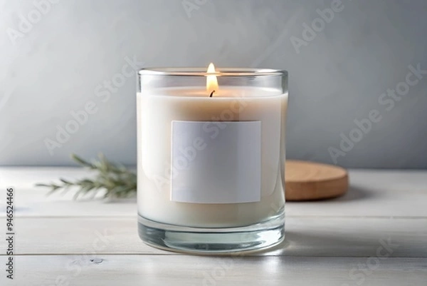 Fototapeta Scented candle in a glass jar with a blank label on a rustic wooden surface, surrounded by natural decor. Ideal for showcasing product designs, branding, or home decor themes.