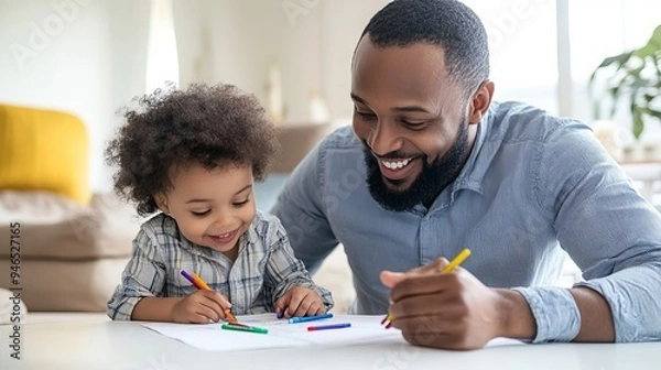 Fototapeta A joyful dad watches as his young child draws on a paper using pastel crayons, seated together at a white table at home, celebrating Father's Day. 