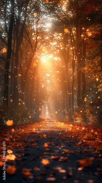 Obraz Warm glow Fall Autumn forest woods with path