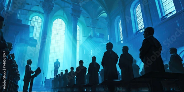 Fototapeta A choir rehearsing in the loft of an ancient church, their voices soaring above the cool blue hues of the background, evoking a sense of harmony and unity.