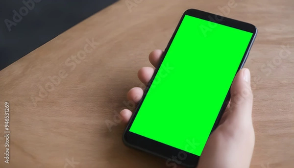 Fototapeta Hand holding black mobile phone with blank green screen