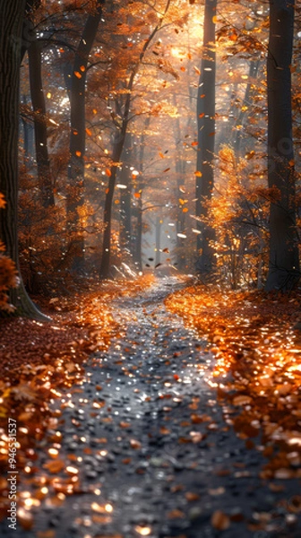 Obraz Warm glow Fall Autumn forest woods with path