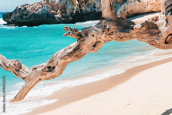 Fototapeta A weathered, gnarled tree branch frames a scene of a pristine sandy beach and turquoise water. Generated with AI.