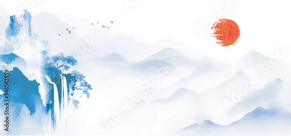 Obraz Serene landscape with red sun, misty mountains, flowing waterfall, and birds flying. Traditional oriental ink painting sumi-e, u-sin, go-hua