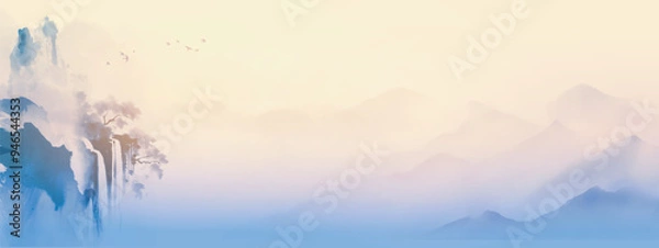 Obraz Serene landscape with misty mountains, flowing waterfall, and birds flying with sunrise background. Traditional oriental ink painting sumi-e, u-sin, go-hua