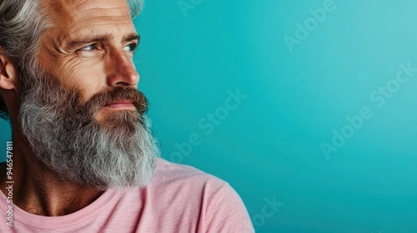 Fototapeta A man with a beard and grey hair, wearing a pink shirt, is seen in a close-up shot looking to the left with a blue background behind him, appearing thoughtful.